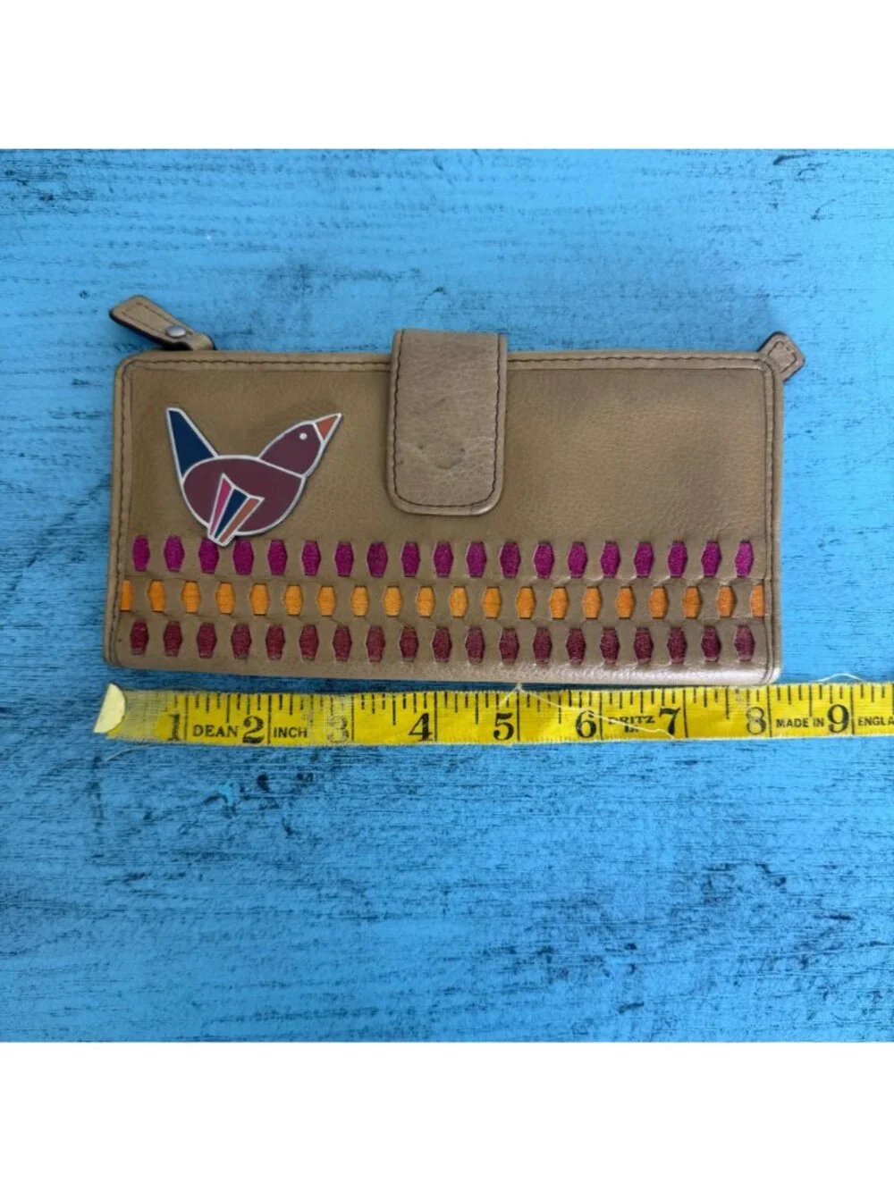 Fossil Tan Leather Wallet With Colorful Embroidered Accents & Bird Design